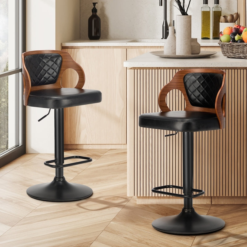 Oikiture 2x Bar Stools Swivel Kitchen Bar Stools Leather Black