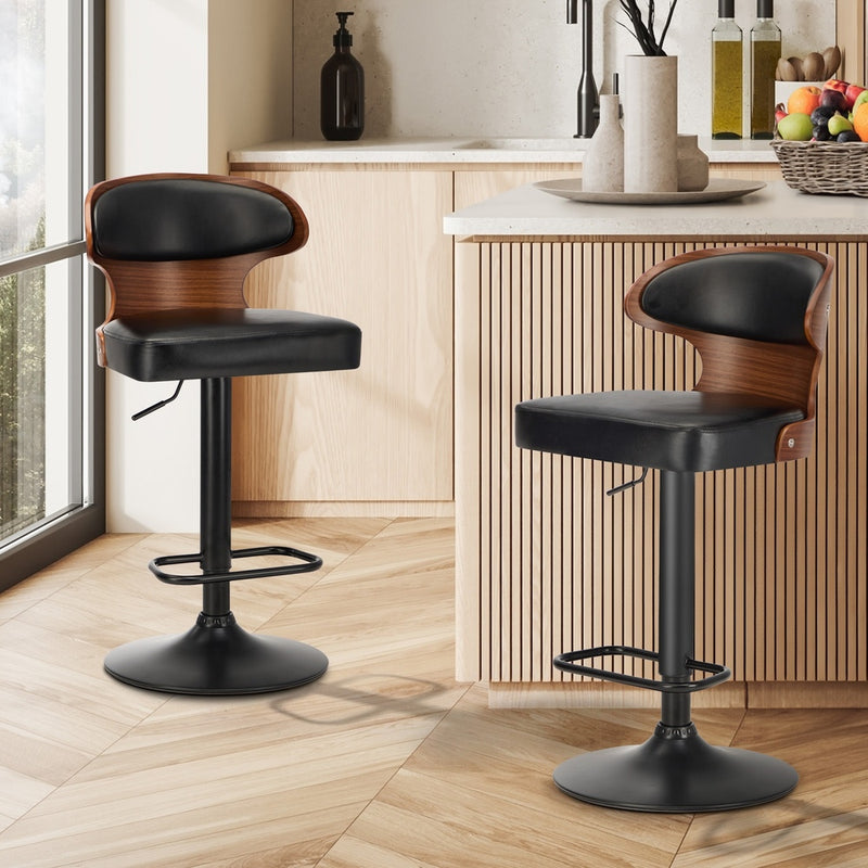 Oikiture 2x Bar Stools Adjustable Counter Height Stool Leather Black