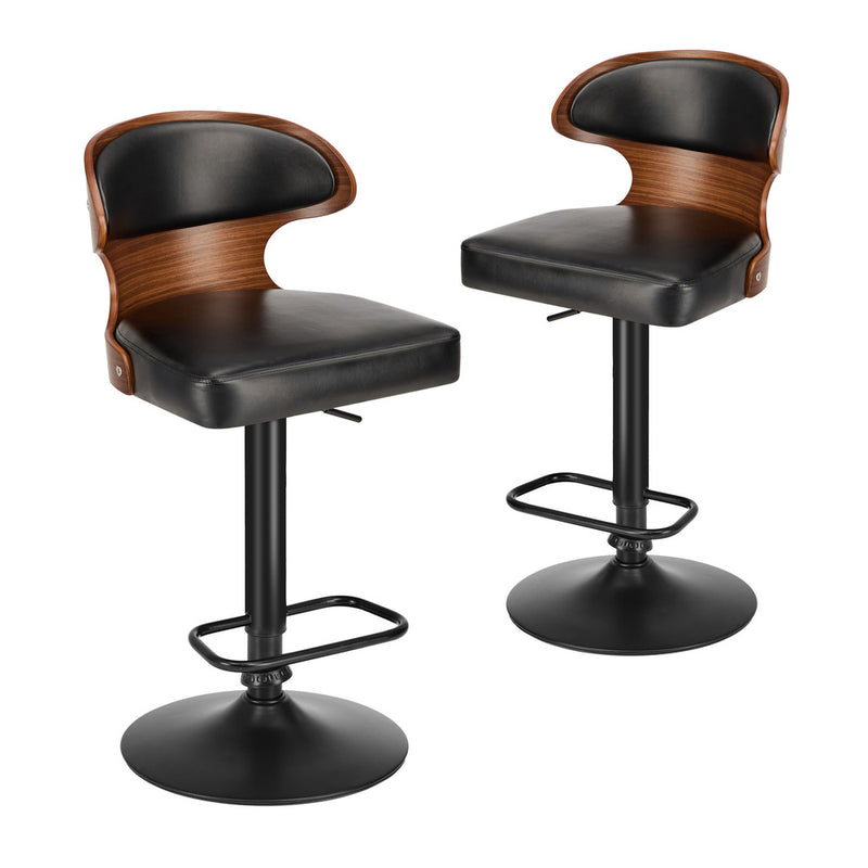 Oikiture 2x Bar Stools Adjustable Counter Height Stool Leather Black