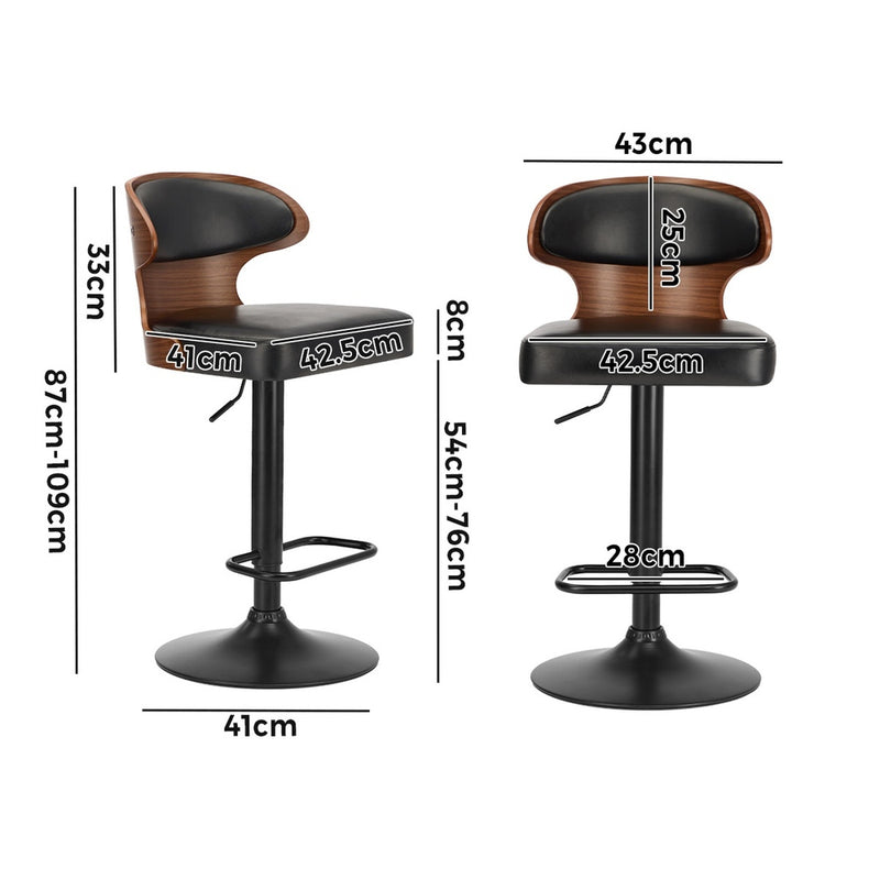 Oikiture 2x Bar Stools Adjustable Counter Height Stool Leather Black