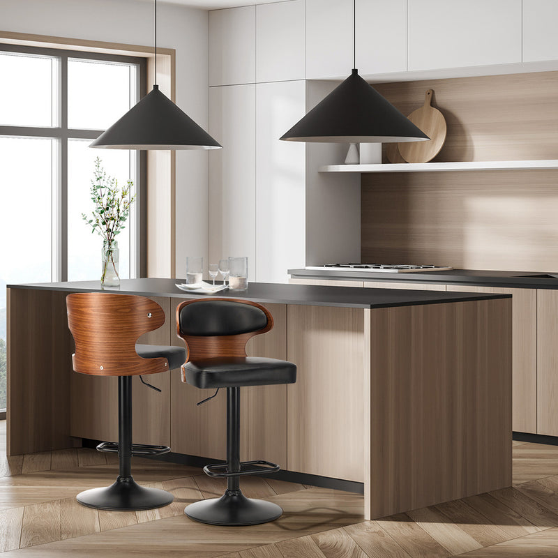 Oikiture 2x Bar Stools Adjustable Counter Height Stool Leather Black