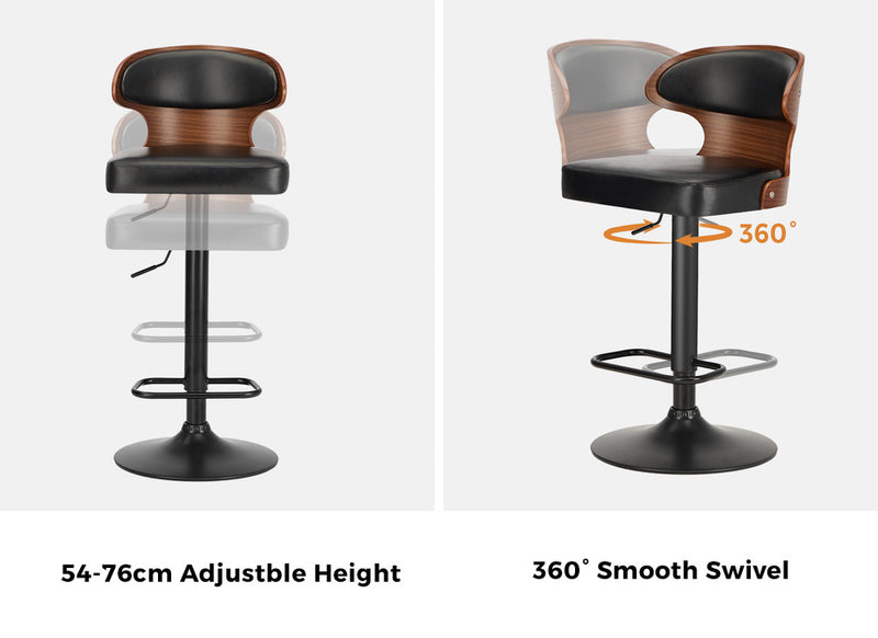 Oikiture 2x Bar Stools Adjustable Counter Height Stool Leather Black