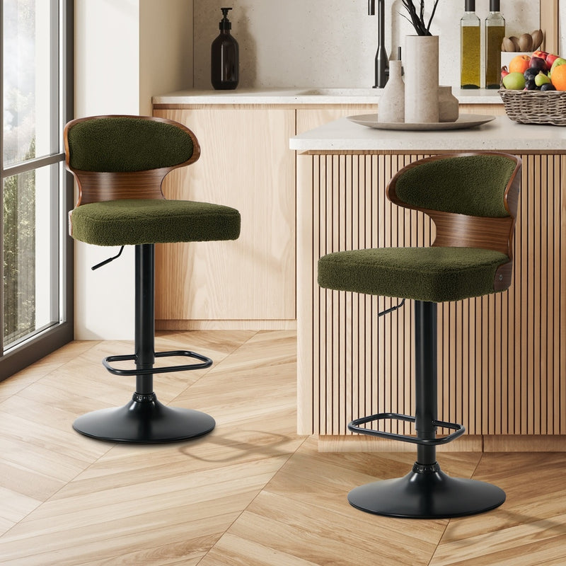 Oikiture 2x Bar Stools Swivel Kitchen Bar Chairs Gas Lift Boucle Green