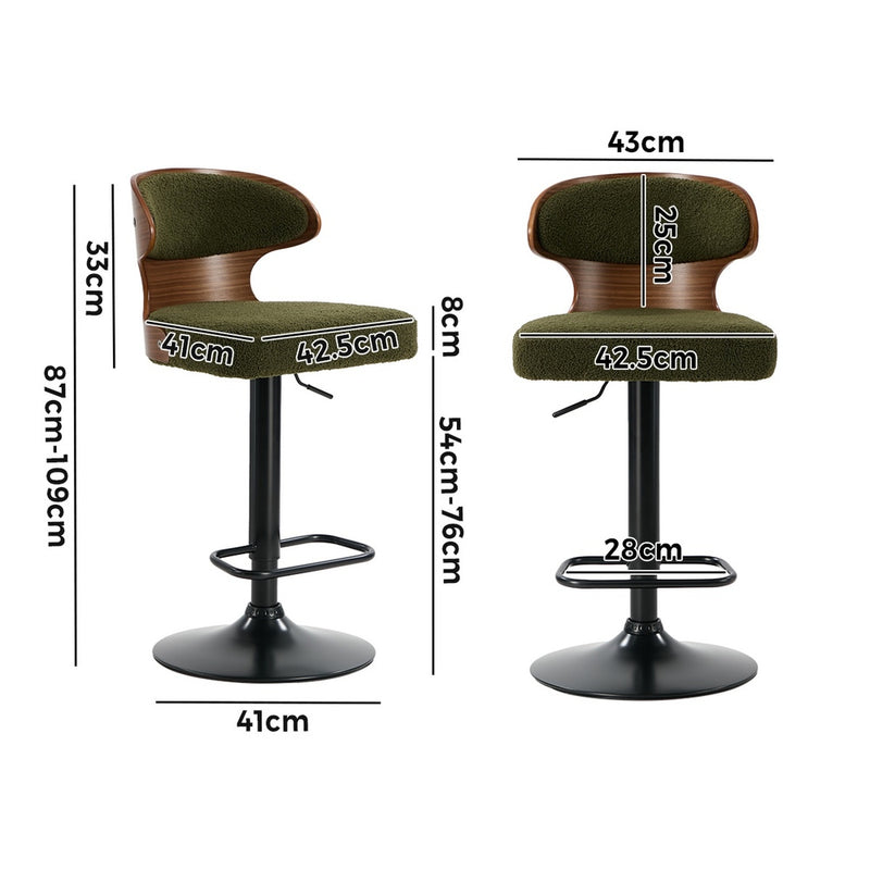 Oikiture 2x Bar Stools Swivel Kitchen Bar Chairs Gas Lift Boucle Green
