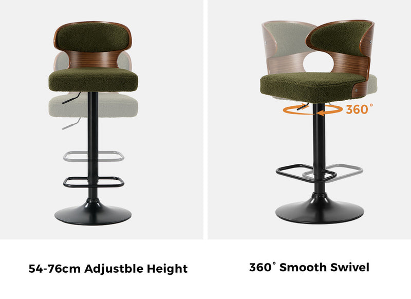 Oikiture 2x Bar Stools Swivel Kitchen Bar Chairs Gas Lift Boucle Green