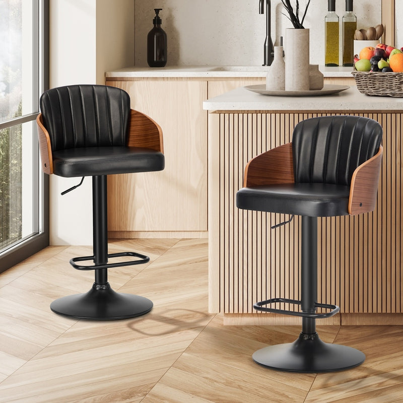 Oikiture 2x Bar Stools Swivel Counter Gas Lift Chair Leather Black