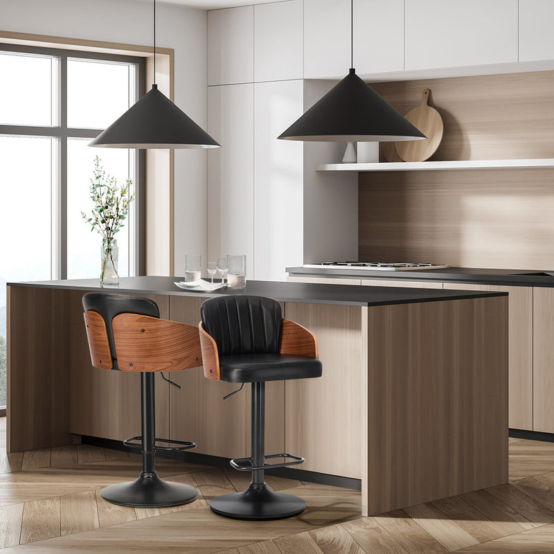 Oikiture 2x Bar Stools Swivel Counter Gas Lift Chair Leather Black