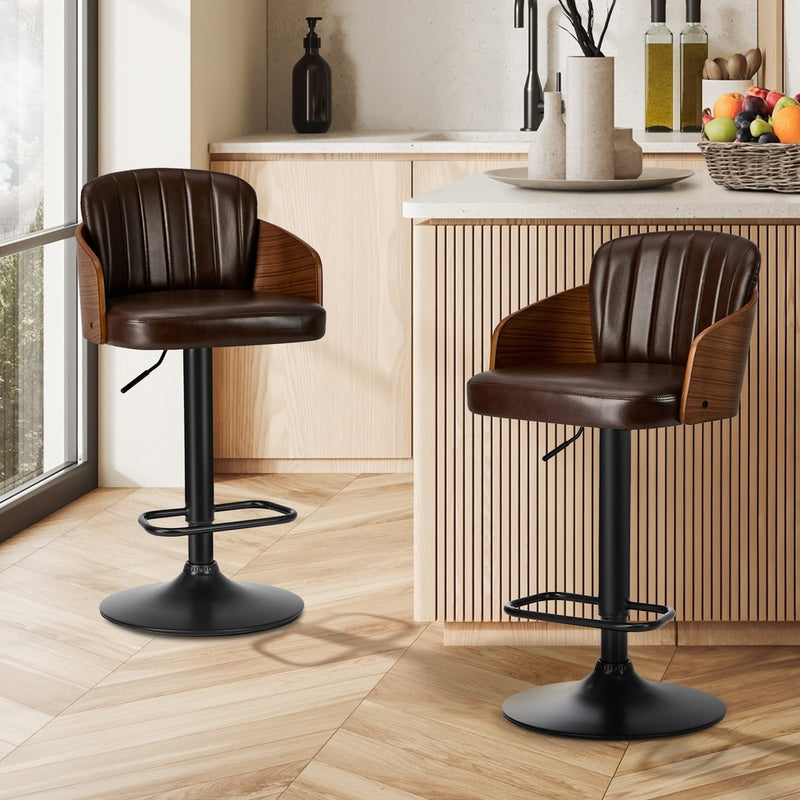 Oikiture 2x Bar Stools Adjustable Height Stool Swivel Leather Brown
