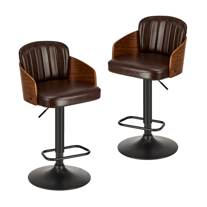 Oikiture 2x Bar Stools Adjustable Height Stool Swivel Leather Brown