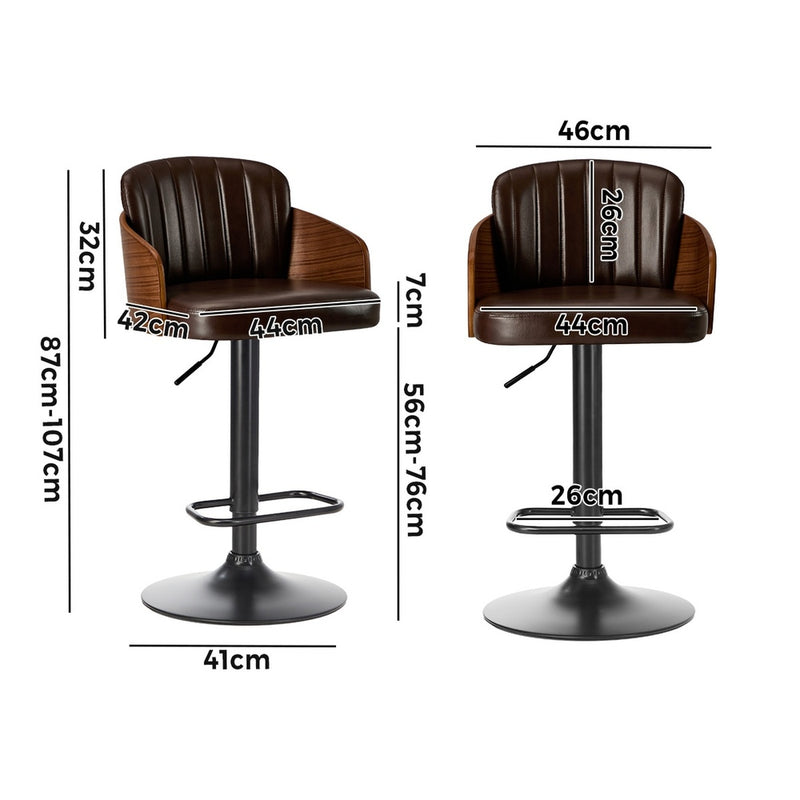 Oikiture 2x Bar Stools Adjustable Height Stool Swivel Leather Brown