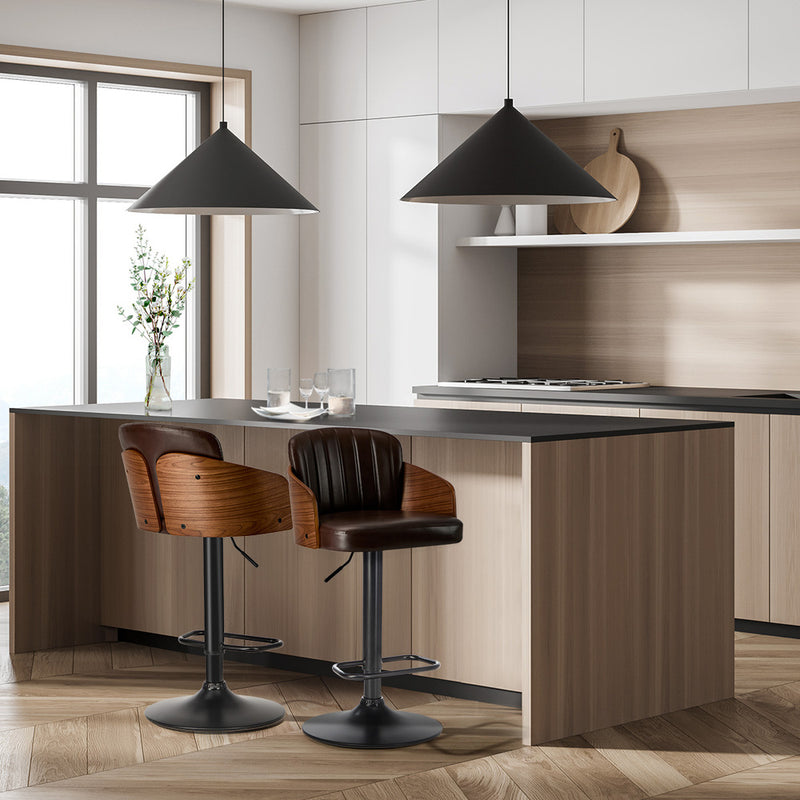 Oikiture 2x Bar Stools Adjustable Height Stool Swivel Leather Brown