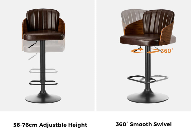 Oikiture 2x Bar Stools Adjustable Height Stool Swivel Leather Brown