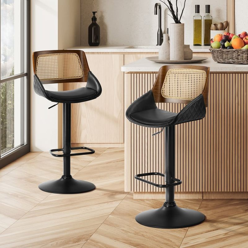 Oikiture 2x Bar Stools Kitchen Dining Chairs Rattan Leather Black
