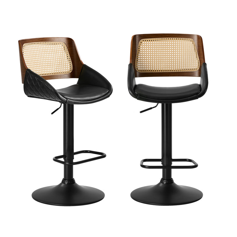 Oikiture 2x Bar Stools Kitchen Dining Chairs Rattan Leather Black