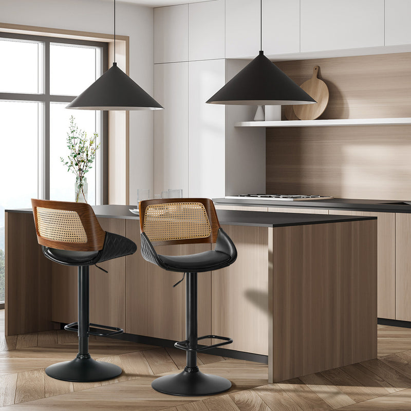 Oikiture 2x Bar Stools Kitchen Dining Chairs Rattan Leather Black