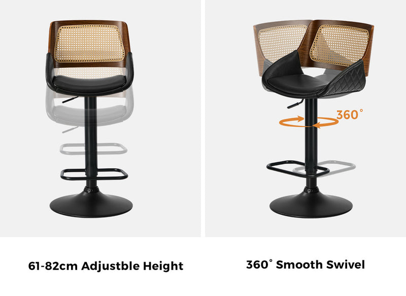 Oikiture 2x Bar Stools Kitchen Dining Chairs Rattan Leather Black