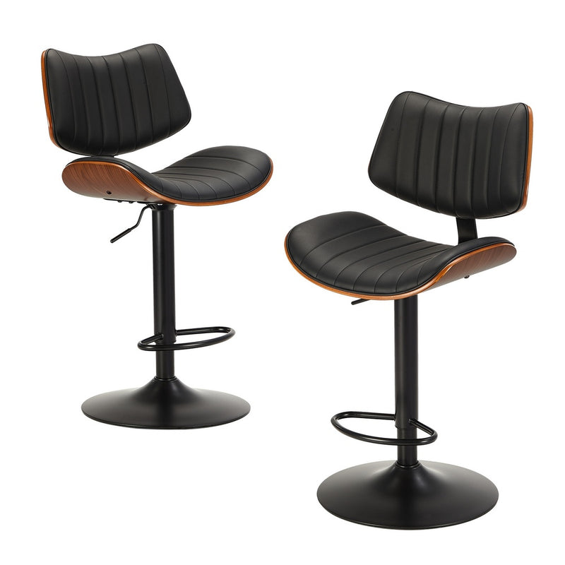 Oikiture 2x Bar Stool Kitchen Swivel Chair Wooden Leather Gas Lift Black