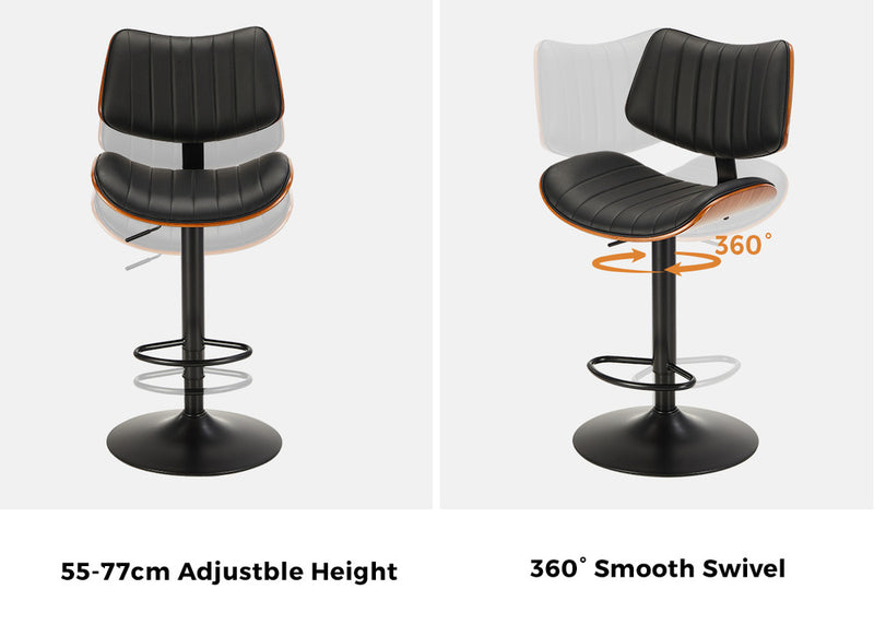 Oikiture 2x Bar Stool Kitchen Swivel Chair Wooden Leather Gas Lift Black
