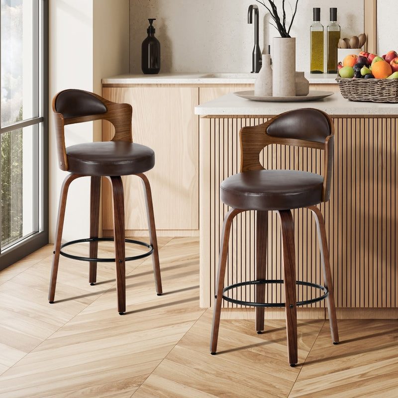 Oikiture 2x Bar Stools Kitchen Swivel Chair Shell Leather Brown