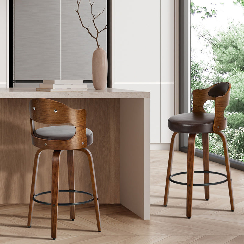 Oikiture 2x Bar Stools Kitchen Swivel Chair Shell Leather Brown
