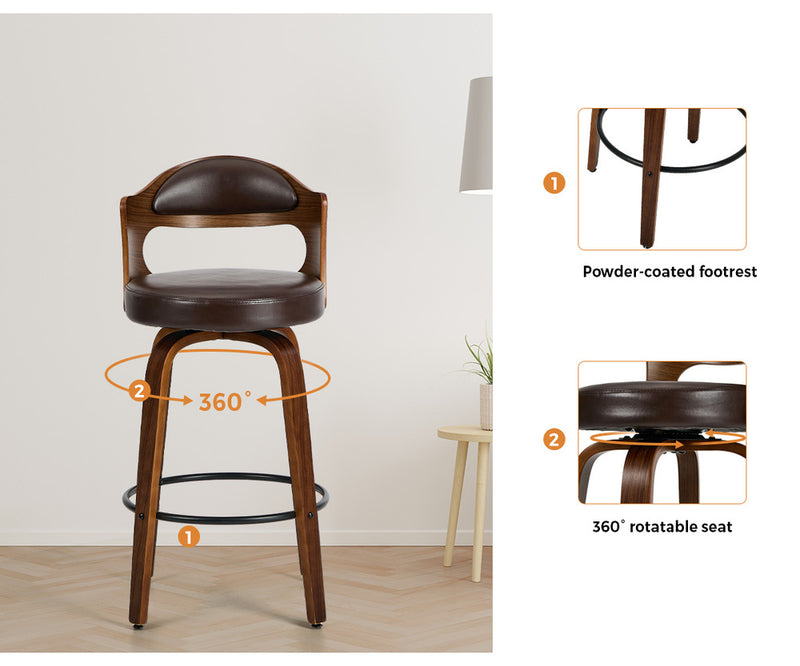 Oikiture 2x Bar Stools Kitchen Swivel Chair Shell Leather Brown