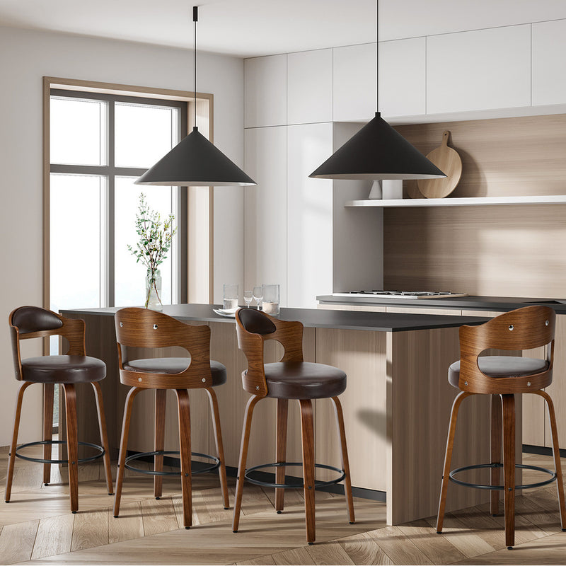 Oikiture 4x Bar Stools Swivel Counter Chair Shell Leather Brown