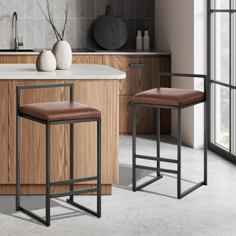Oikiture 2x Bar Stools Metal Counter Chair Barstools Brown Leather