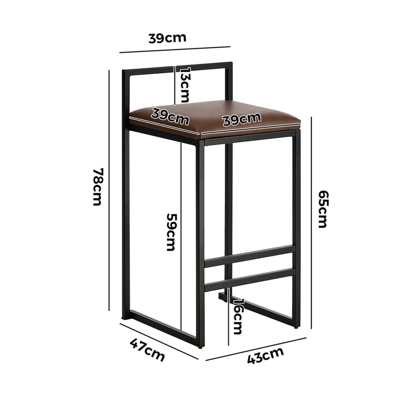 Oikiture 2x Bar Stools Metal Counter Chair Barstools Brown Leather