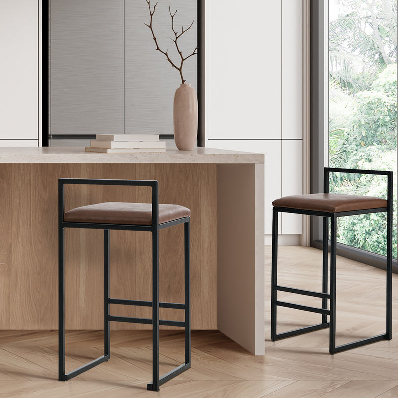 Oikiture 2x Bar Stools Metal Counter Chair Barstools Brown Leather