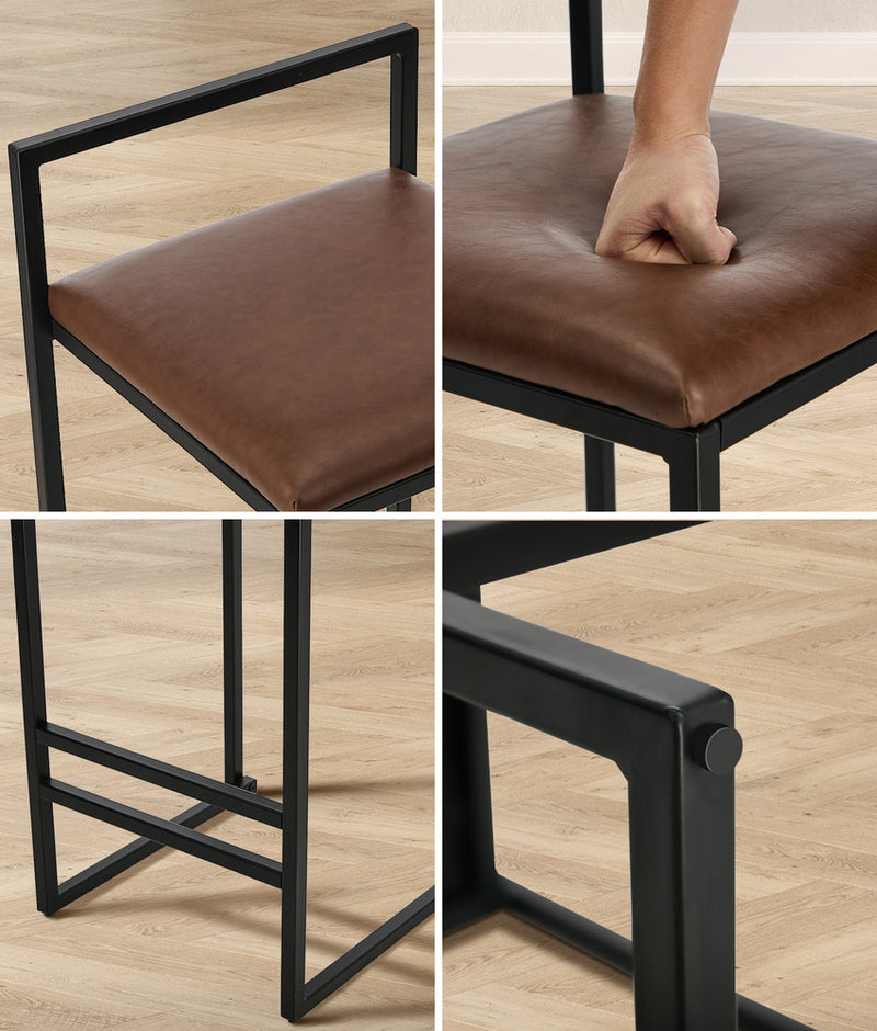 Oikiture 2x Bar Stools Metal Counter Chair Barstools Brown Leather