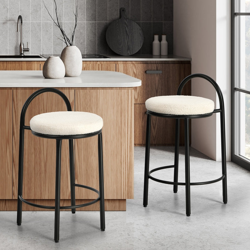 Oikiture 2x Bar Stools Dining Chairs Round Stool Counter Seat Boucle