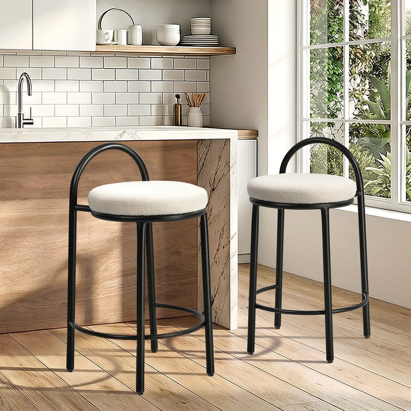 Oikiture 2x Bar Stools Dining Chairs Round Stool Counter Seat Boucle