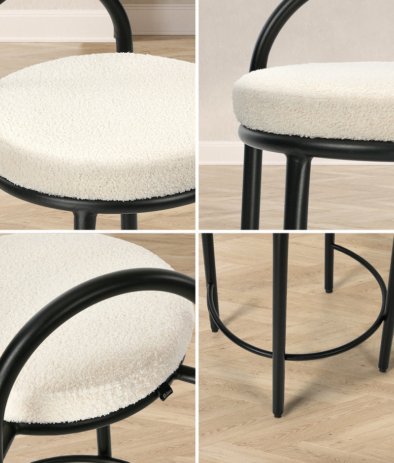 Oikiture 2x Bar Stools Dining Chairs Round Stool Counter Seat Boucle