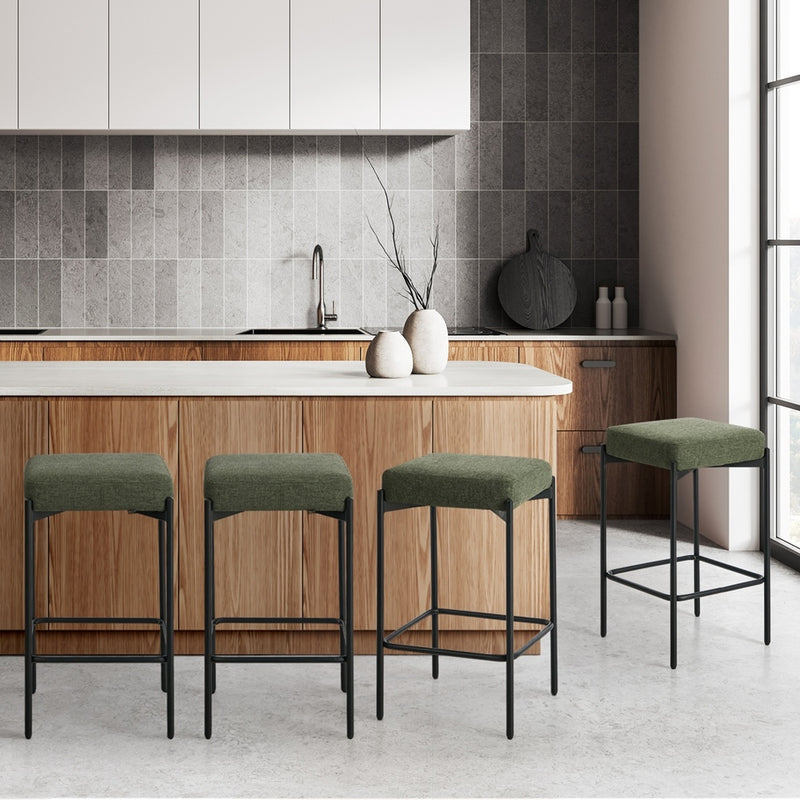 Oikiture 4x Bar Stools Kitchen Counter Stool Linen Seat Metal Green