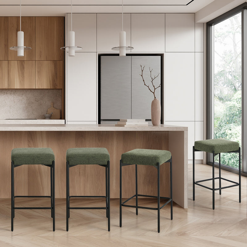 Oikiture 4x Bar Stools Kitchen Counter Stool Linen Seat Metal Green