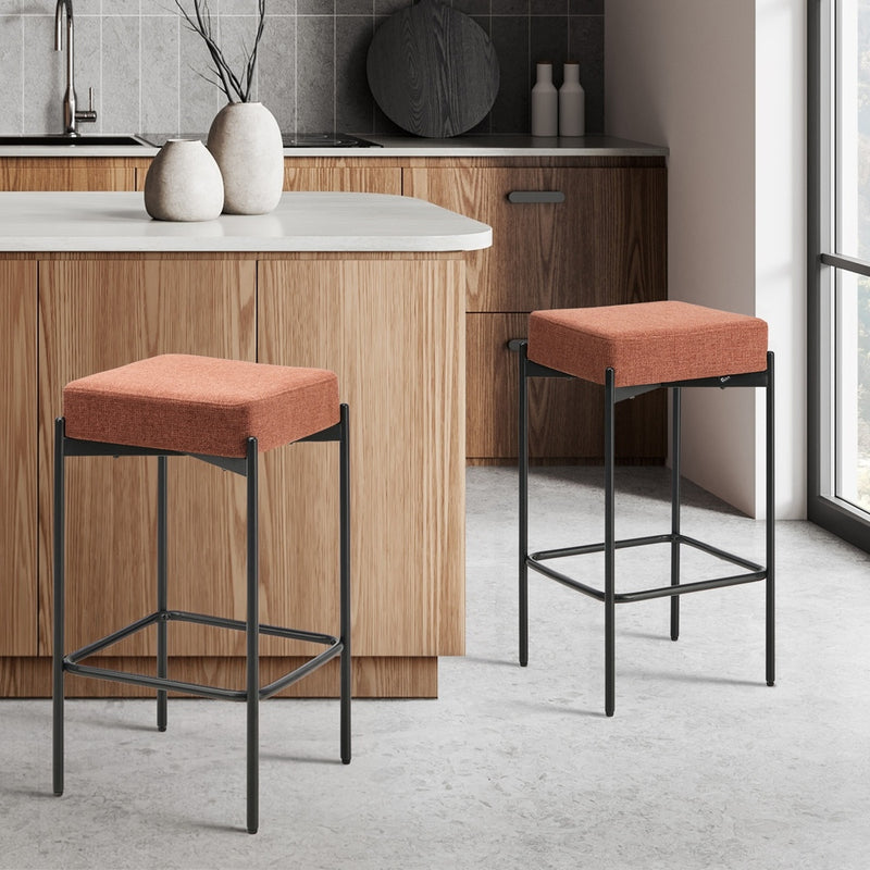 Oikiture 2x Bar Stools Kithen Stool Dining Chair Linen Metal Orange