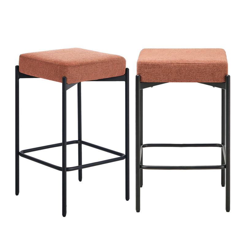 Oikiture 2x Bar Stools Kithen Stool Dining Chair Linen Metal Orange