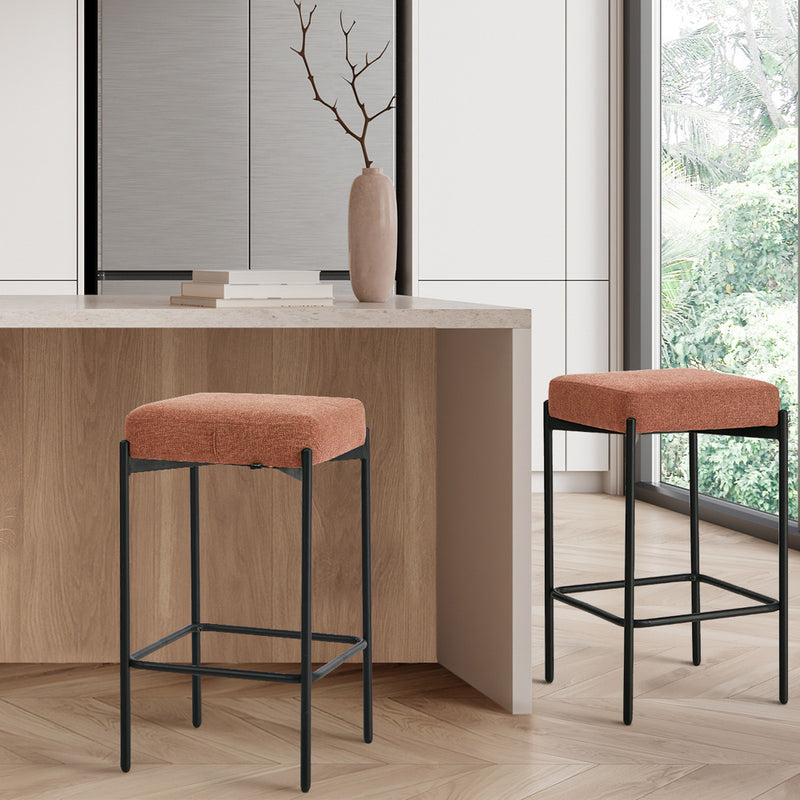 Oikiture 2x Bar Stools Kithen Stool Dining Chair Linen Metal Orange