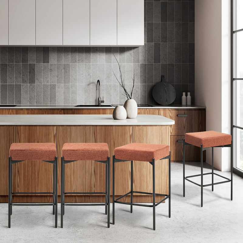 Oikiture 4x Bar Stools Kitchen Dining Chair Linen Seat Metal Orange