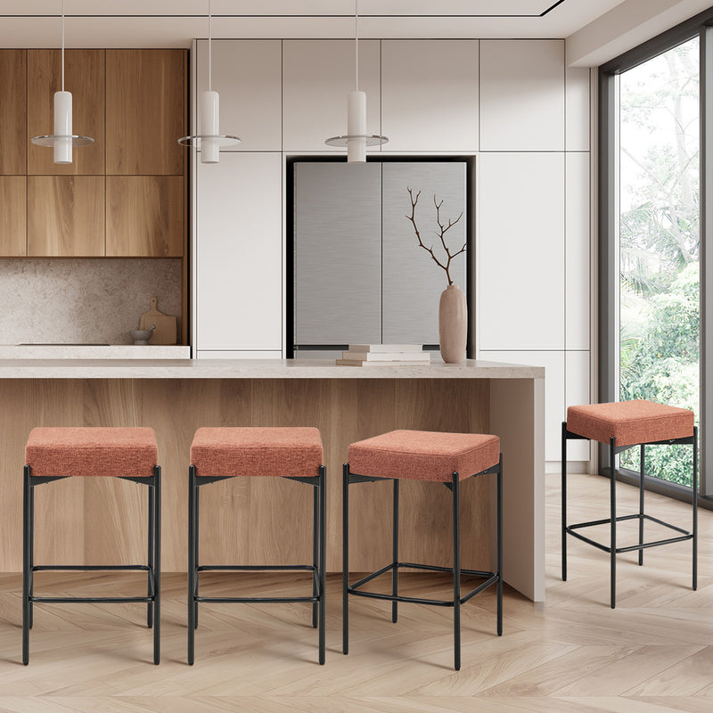 Oikiture 4x Bar Stools Kitchen Dining Chair Linen Seat Metal Orange