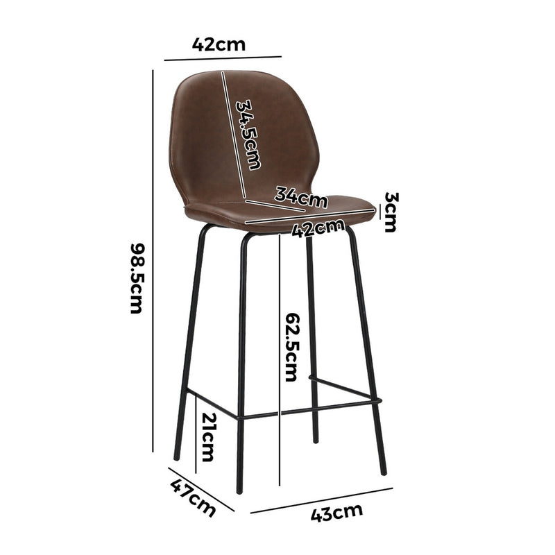 Oikiture 2x Bar Stools Kitchen Chairs High Back Leather Brown