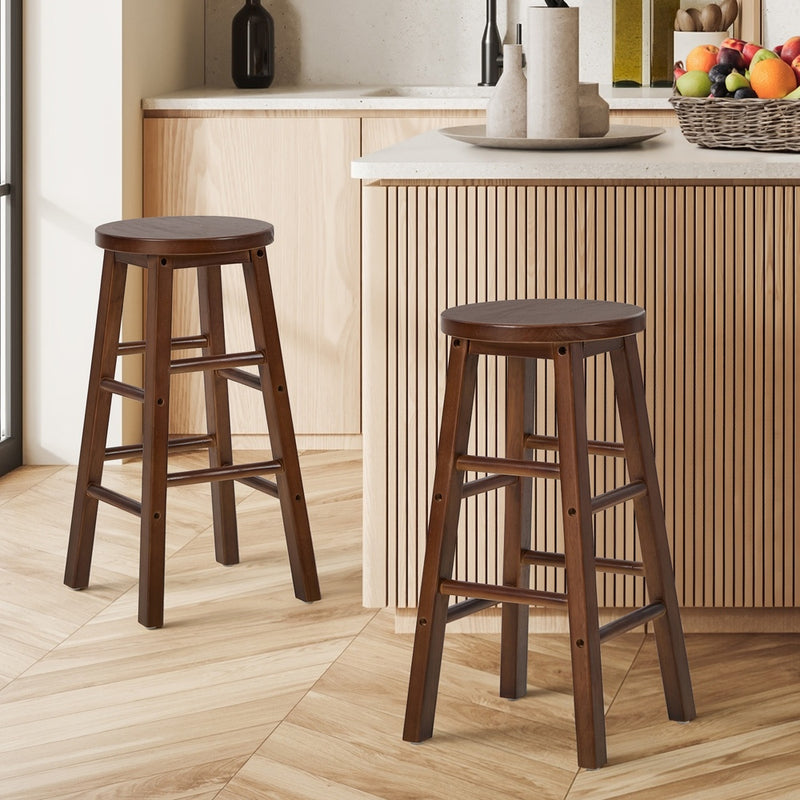 Oikiture 2x Kitchen Counter Round Bar Stool Chairs Footrest Walnut