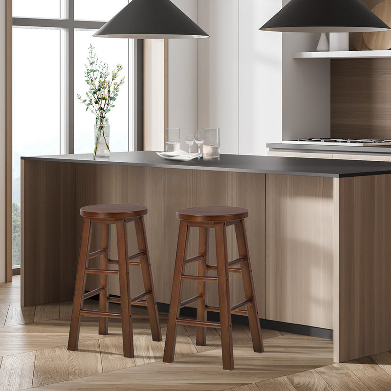 Oikiture 2x Kitchen Counter Round Bar Stool Chairs Footrest Walnut