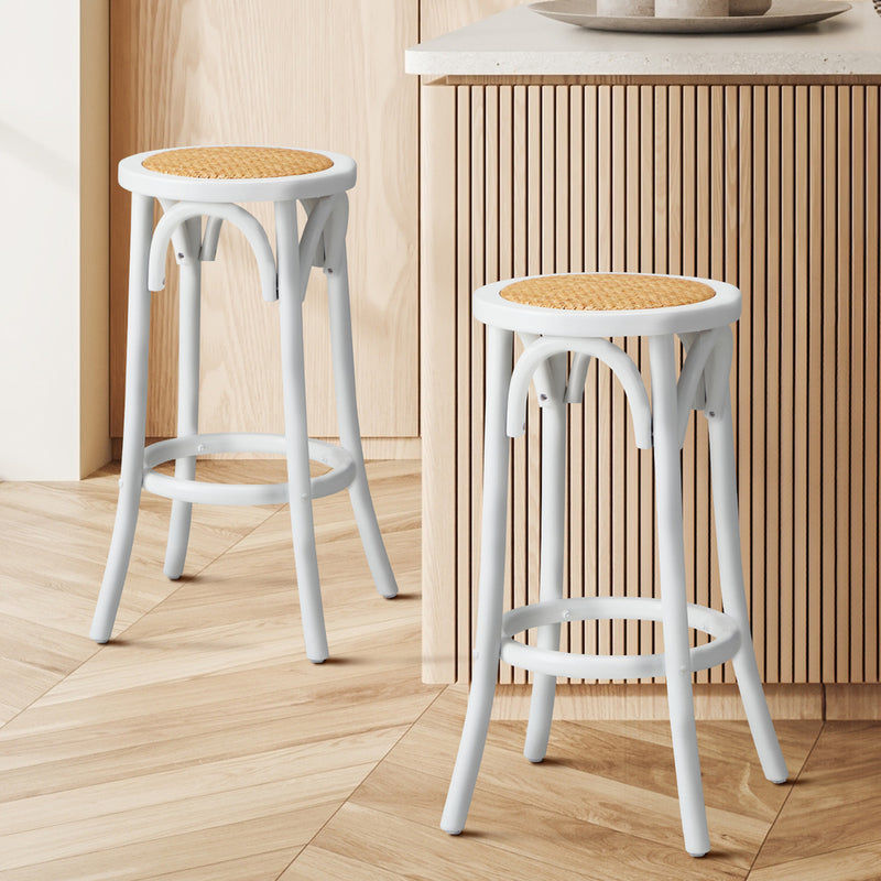 Oikiture 2x Bar Stools Dining Chair Rattan Seat White