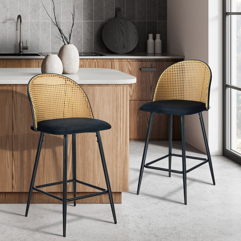 Oikiture 2x Bar Stools Rattan Dining Chair Velvet Black
