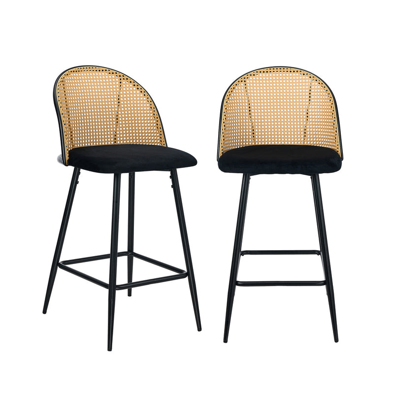 Oikiture 2x Bar Stools Rattan Dining Chair Velvet Black