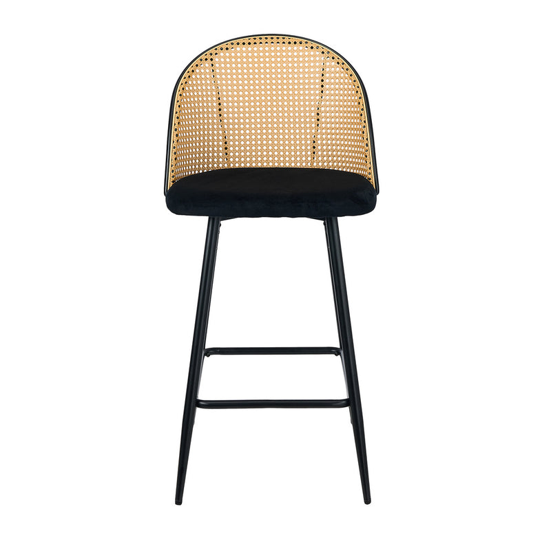Oikiture 2x Bar Stools Rattan Dining Chair Velvet Black