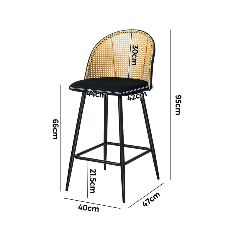 Oikiture 2x Bar Stools Rattan Dining Chair Velvet Black