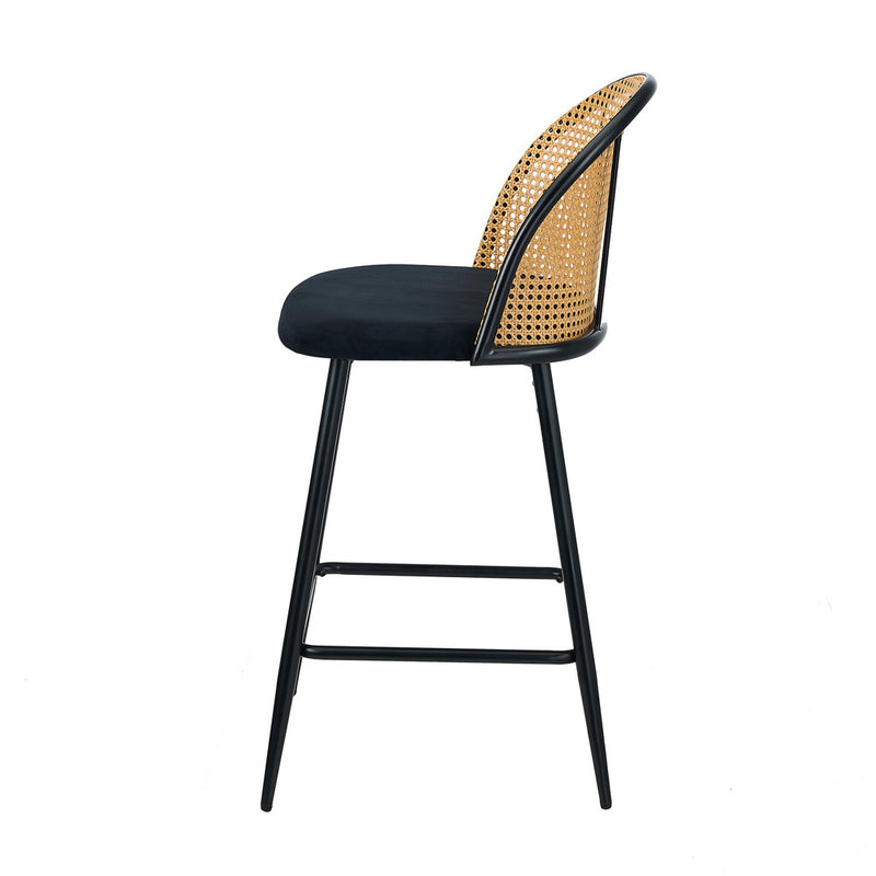 Oikiture 2x Bar Stools Rattan Dining Chair Velvet Black