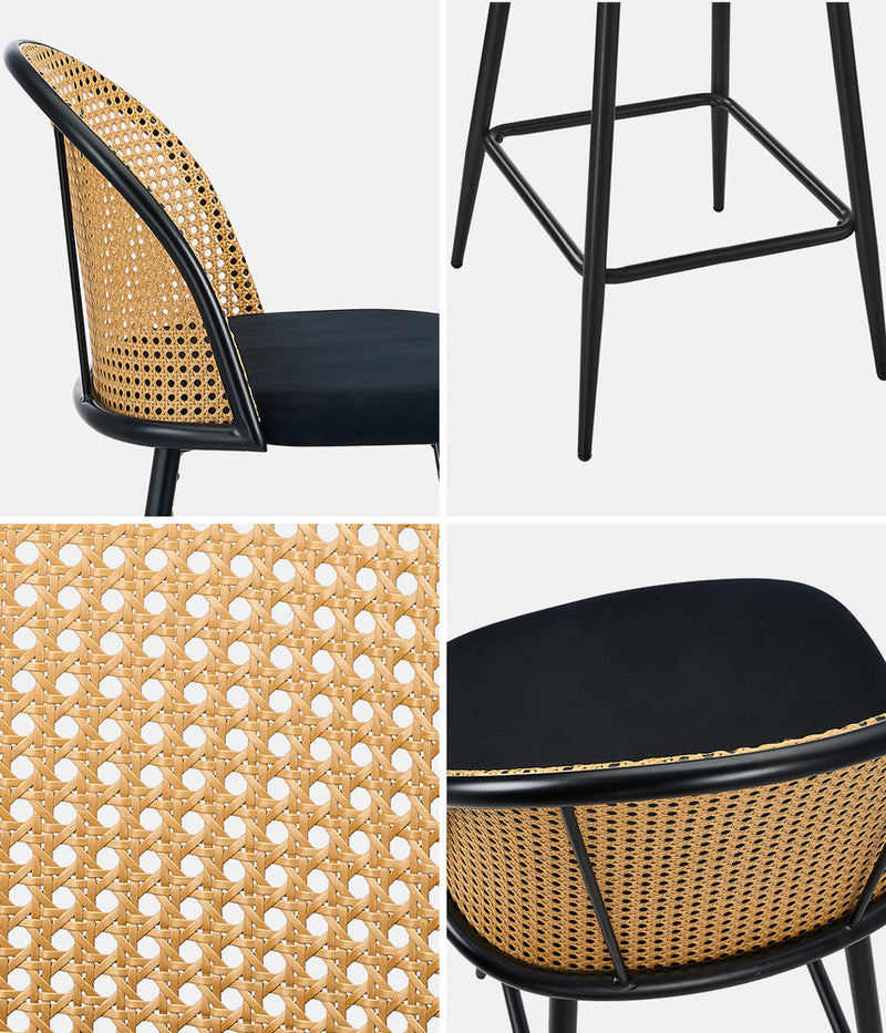 Oikiture 2x Bar Stools Rattan Dining Chair Velvet Black